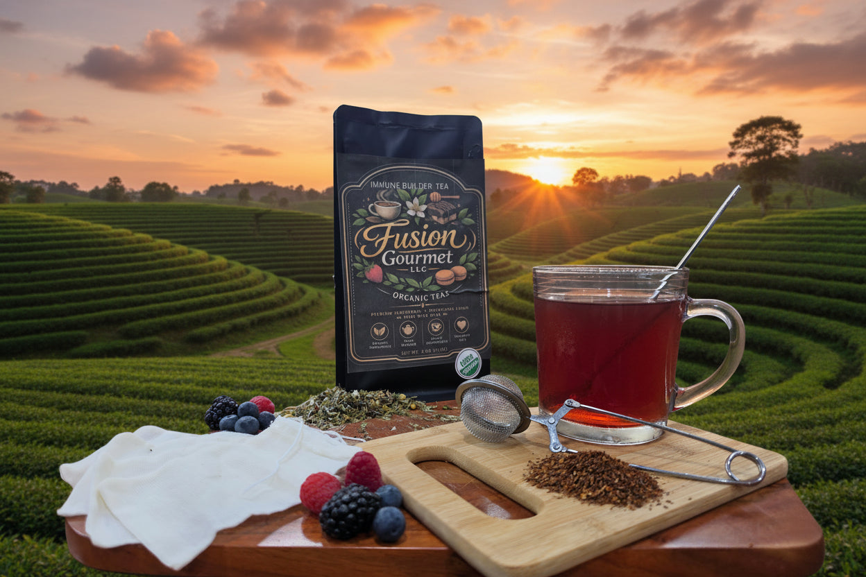 Fusion Gourmet tea package with a cup of tea, berries, and a wooden board on a table.