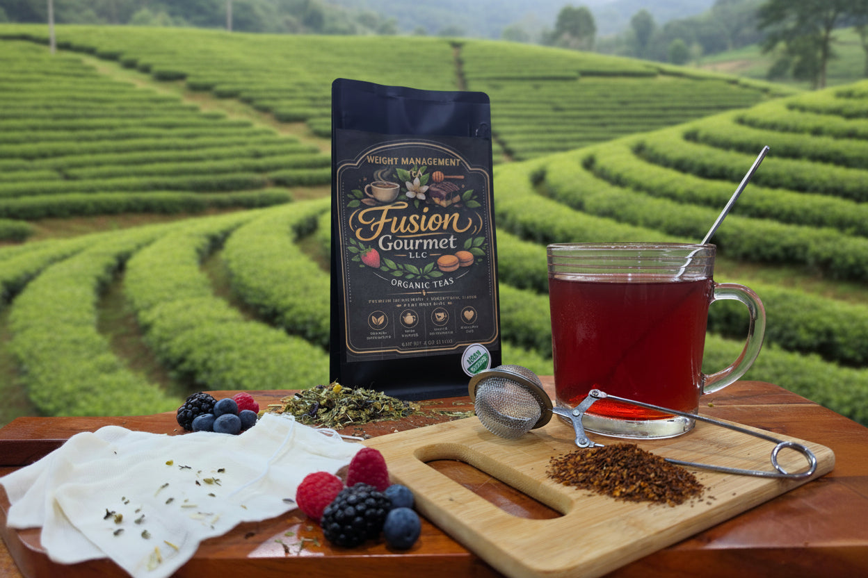 Fusion Gourmet tea package with a glass of tea and snacks on a wooden board.