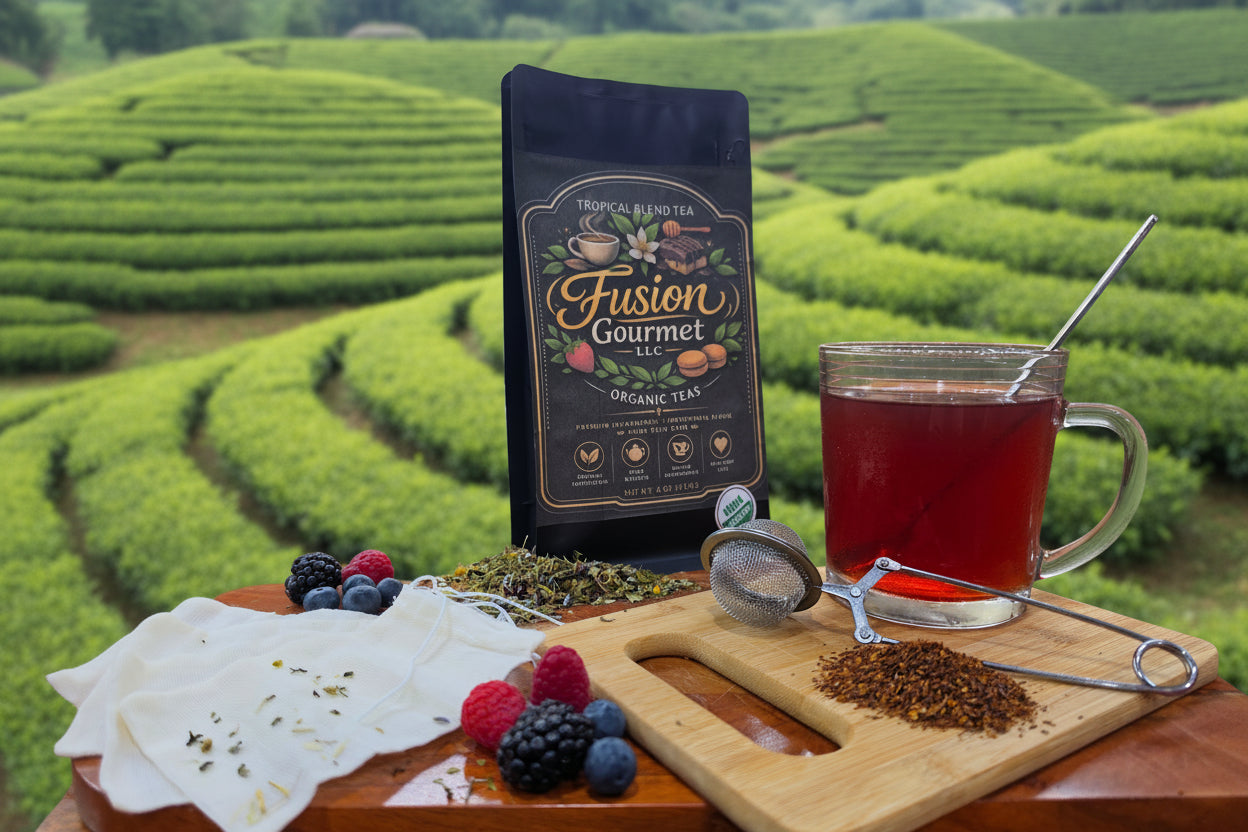 Tea packaging with a glass of tea and tea-making accessories on a wooden surface.