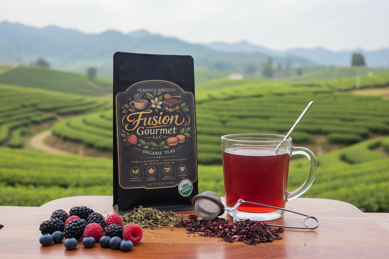 Fusion Gourmet tea packaging with a glass of tea and tea-making items on a wooden board.