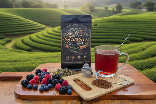 Fusion Gourmet tea packaging with a glass of tea and tea leaves on a wooden board.